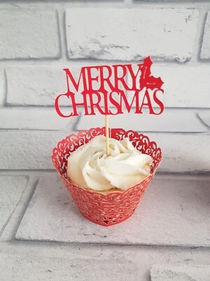 12 Red Glitter Card Merry Christmas Cupcake Picks , Toppers - Image 1 of 4
