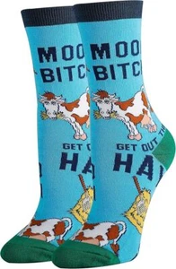 Womens Novelty Funny Cute Animal Crew Socks, Mooo Over, Colorful Cotton Socks - Picture 1 of 1