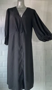 SIZE 12 - 14 H&M M BLACK SHIMMER FALSE WRAP MIDI DRESS GOTH WHITBY PARTY - Picture 1 of 10