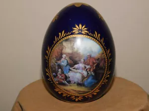 Limoges Porcelain Cobalt Blue Gold trim Egg Romantic Victorian Scene Maybe Repro - Picture 1 of 6