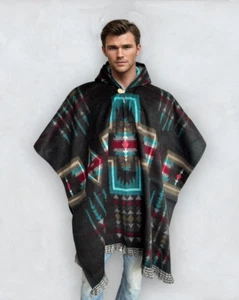 Alpaca Poncho Hood black | Soft and Comfortable Wool | Navajo Design Handcrafted - Picture 1 of 9