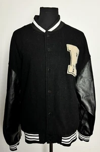 Black Air Snap Front Leather Sleeve Varsity Jacket Size Large Black - Picture 1 of 7