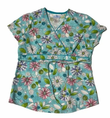 SB Scrub Top Women's Small Blue Purple Pink daisy floral Mock Wrap Pullover - Image 1 of 4