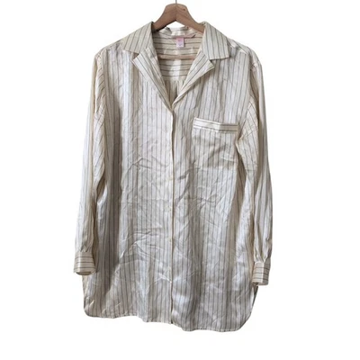 Y2K De Colección Victoria's Secret 100% Seda Camisa Vestido Pijama Crema Negro Rayas Mediano Foto 1 de 4