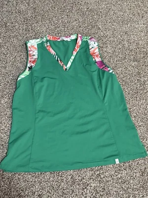 Lady Hagen Womens XL Sleeveless Golf Polo Shirt Green Bright Floral Trim - Image 1 of 4