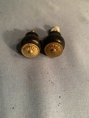 Vintage pair of SPOOL CABINET KNOBS  WOOD & BRASS  1&1/4" tall 7/8" wide - Image 1 of 4