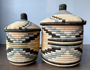 (2) Handmade African Woven Baskets w/Lid - 11” and 9” - Picture 1 of 9