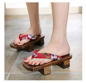 Geta Japanese Wooden Clogs Slippers Flip-flops Sakura Print Prop Cospaly Costume - Picture 1 of 19