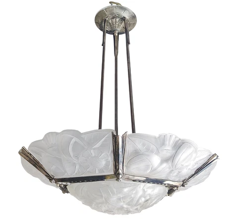 Antique FRENCH Silvered BRONZE & LALIQUE Style FROSTED GLASS CHANDELIER by DEGUE Cover