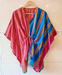 Pure Silk Short Kaftan Women Top Tunic Caftan Girl Robe Pink & Blue KFNS1319 - Picture 1 of 7
