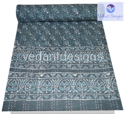 Indian Embroidery Kantha Quilt Bedspread Block Throw Cotton Grey - Image 1 of 4
