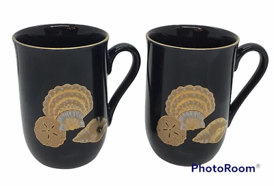 2 Vintage Down East Crafts Seashells Sand Dollar Navy & Gold Coffee Tea Cup Mug - Image 1 of 4