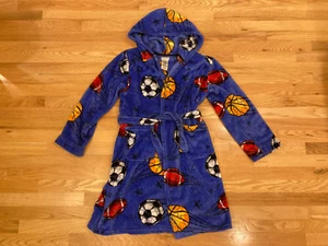Vintage Boys Plush Fleece Hooded Bath Robe Teen L 14/16 Blue Sports Tie Belt - Picture 1 of 5