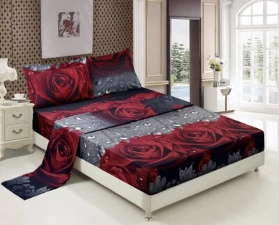 HIG 3D Rose Love Romantic 3d 打印床单套装。 红色和黑色 — 第 1/4 张图片