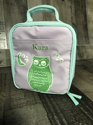Pottery Barn Kids Lunch Box Bag light purple aqua green owl personalized KARA - Image 1 of 4