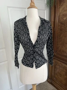 Vtg Y2K Open Lace Mesh Floral Top Button Up Black & White Stretch Whimsygoth M - Picture 1 of 8