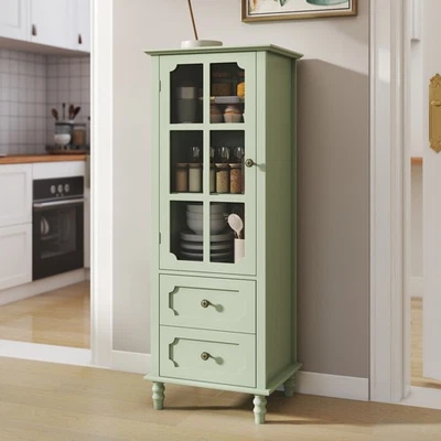 Minimalism Buffet Cabinet with Glass Doors and Double Drawer Mint Green - Image 1 of 4