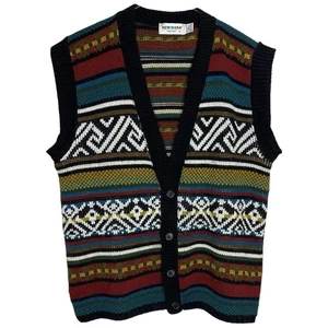 Vtg Cardigan Sweater Vest M Grandpa Preppy Tribal Aztec Grunge Cosby 80s 90s USA - Picture 1 of 12