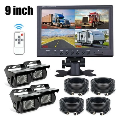 9" Quad Backup Camera Parking Split Monitor Rear View 20m 4Pin For Rv Truck Bus - Image 1 of 4