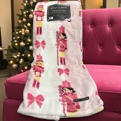 Betsey Johnson Nutcracker Girl Pink Christmas Candy Bows 50x70 Throw Blanket New - Image 1 of 4