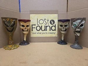 Vintage 4 Halloween Scary Skeleton Skull Goblets 7 1/4" Tall *SEE PICS - Picture 1 of 10