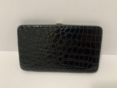 VTG 90s Black/Silver Shiny Faux Leather Crocodile Clutch Long Push Snap Wallet - Image 1 of 3