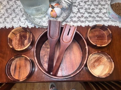 Ensaladera grande de teca genuina 4 tazones y cucharas para lanzar ensaladas de colección Foto 1 de 4