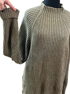 VTG Fisherman Sweater Green Ribbed Knit L Boho Prep High Neck Cotton Liberty - Picture 1 of 7