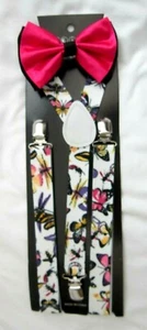 HOT PINK TUXEDO ADJUSTABLE BOW TIE+COLORFUL BUTTERFLIES BEES SUSPENDERS COMBO - Picture 1 of 3