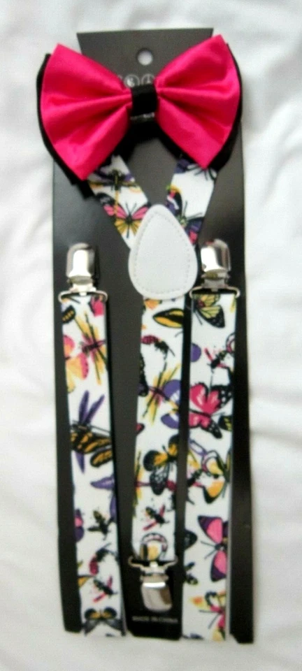 HOT PINK TUXEDO ADJUSTABLE BOW TIE+COLORFUL BUTTERFLIES BEES SUSPENDERS COMBO - Image 1 of 3