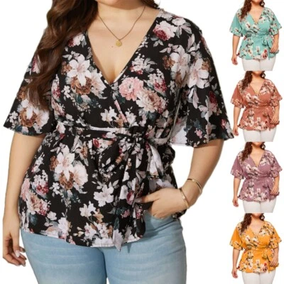 Women Flare Half Sleeve Sexy V-Neck Shirt Floral Tie Waist Chiffon Peplum Blouse - Image 1 of 4