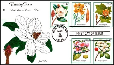 Scott 3193-97 32 Cents Flowering Trees Van Natta Hand Painted FDC - Image 1 of 2