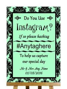 Mint Green Black Damask Aqua Instagram Photo Sharing Personalised Wedding Sign - Picture 1 of 8