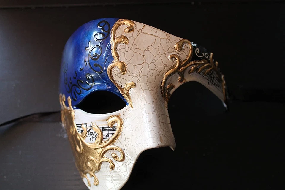 QUALITY BLUE & GOLD HALF FACE PHANTOM MUSICAL NOTES MASQUERADE MASK  - Image 1 of 1