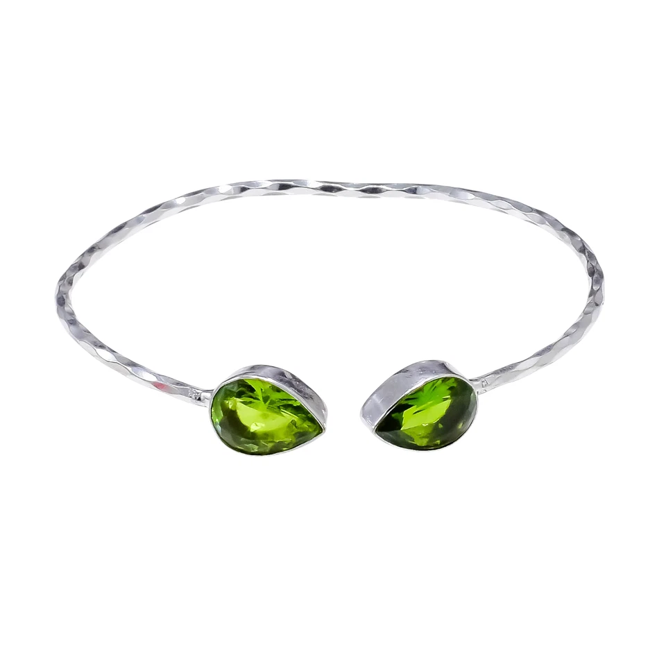 925 Sterling Silver Peridot Gemstone Handmade Jewelry Cuff Bracelet Size-ADJ - Image 1 of 4