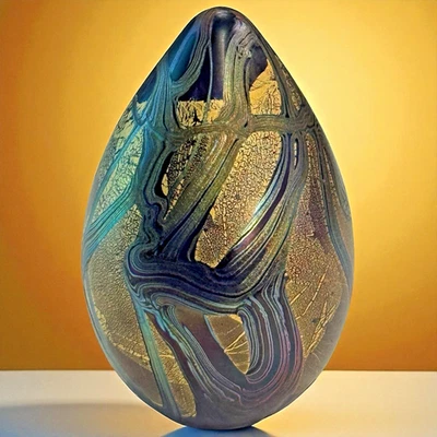 Ovo de vidro Isle Of Wight peso papel ouro preto azul-petróleo metálico feito à mão Inglaterra - Imagem 1 de 4
