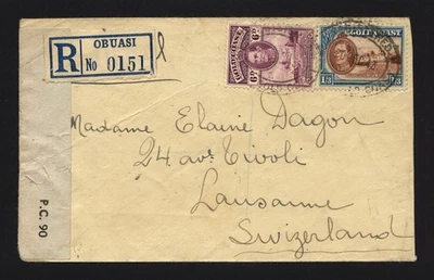Gold Coast 1943 Nazi Censurado Reg. Cubierta Obuasi a Suiza Foto 1 de 2