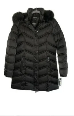 NUEVO CON ETIQUETAS Kenneth Cole New York Mujer Chevron Acolchado Puffer Abrigo Chaqueta Negro Mediano Foto 1 de 3