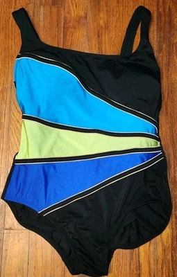 Longitude Swimwear 12 One Piece Swimsuit Bathing Suit Black Multicolor Stripe - Image 1 of 4