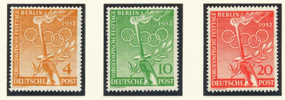 БЕРЛИН государство / Германия 1952 Олимпийских игр, Cpl превосходный MNH / ** набор, Sports, факел, кольца - Изображение 1 из 1