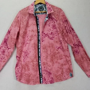 AU NOIR Shirt Men's L (4) Designer Red Pink Gingham Floral Print Flip Cuffs - Picture 1 of 19