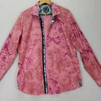 AU NOIR Shirt Men's L (4) Designer Red Pink Gingham Floral Print Flip Cuffs - Image 1 of 4