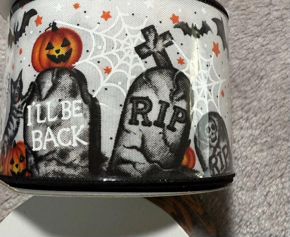 🎅🏻 Halloween Ribbon 2.5 Inch Wide Graveyard Pumpkins RIP I’ll Be Back - Image 1 of 1