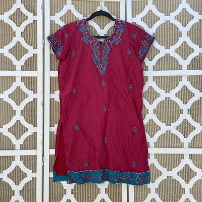 Vintage Handmade Embroidered Tunic Dress Pink Blue Floral Boho - Image 1 of 4