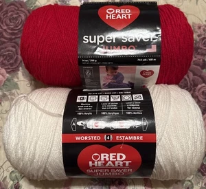 Red Heart-Super Saver Jumbo Yarn (1 Soft White, 1 Cherry Red) 2 Skeins) 14 Oz Ea - Picture 1 of 3
