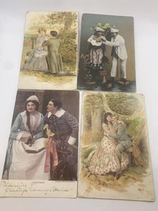 Lot 4 antike alte Postkarten von Paaren enthält romantische humorvolle Prägung - Bild 1 von 8