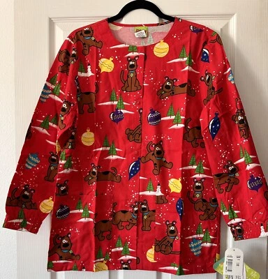 Women’s Scrub Top Red Long Sleeve Scooby Doo Christmas Vintage Snap Button Sz XS - Image 1 of 4