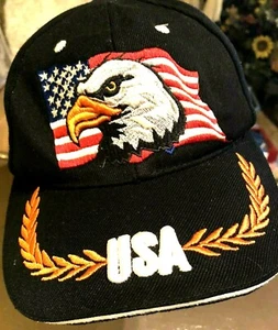 Men's American Flag Eagle USA Cap Black One Size Adjustable Fit Patriotic Birds  - Picture 1 of 8
