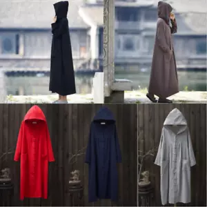 Mujeres Algodón Lino Abrigo Largo Chaqueta Capa con Capucha Vestido Rana Botones Suelto Nuevo - Imagen 1 de 21