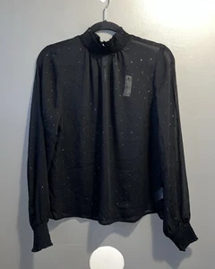 Top Express collo smocked trasparente manica lunga donna M nero metallizzato scintillante nuovo - Foto 1 di 21